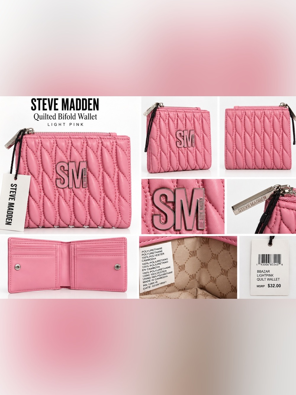 Steve Madden BBAZAR Light Pink Quilted Bifold Wallet NWT